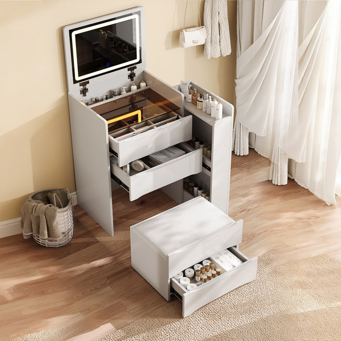 Sophia Ensemble de coiffeuse 3-en-1 avec miroir rabattable, lumieres LED et rangement, Blanc