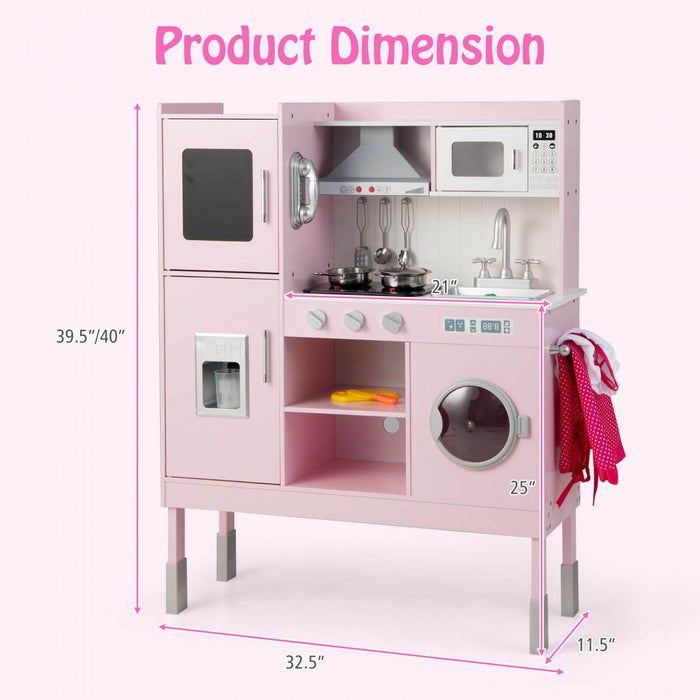 Jeu De Cuisine Pour Enfants, Jouet De Cuisine Avec Hotte, Machine A Glacons Et Telephone, 16 Accessoires, Sons Et Lumieres, Cuisine En Bois, Cadeau Pour 3 Ans Et Plus, Rose