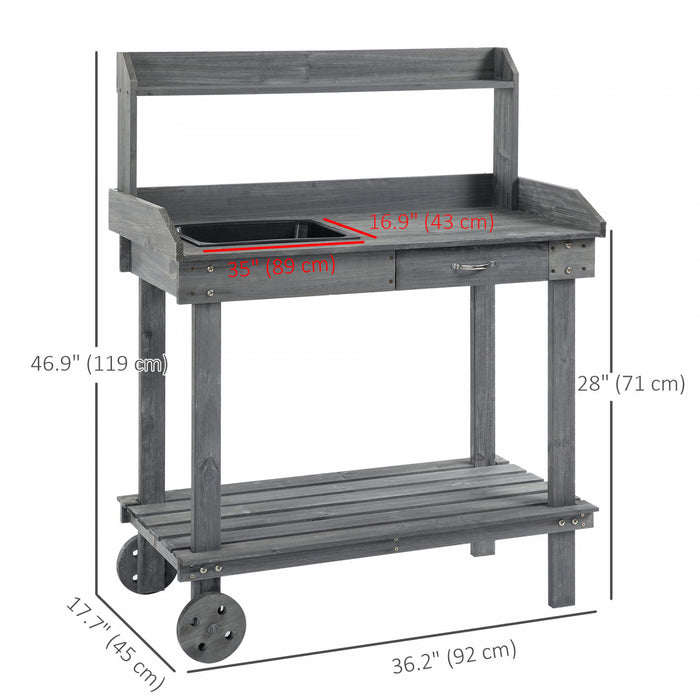 Outsunny Table De Travail En Bois Rempotage 36\" Avec 2 Roues Amovibles Gris