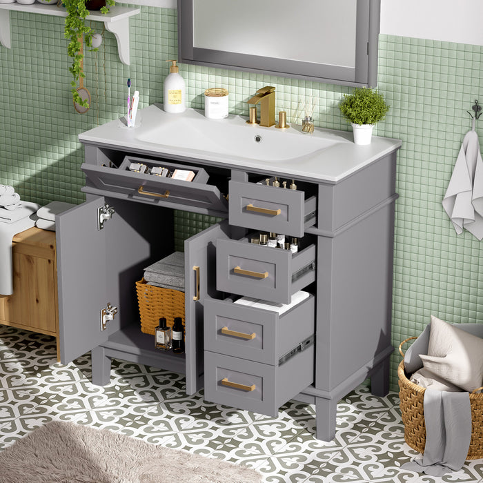 Ethan Meuble-lavabo de salle de bain en bois massif avec lavabo en ceramique et rangement intelligent, gris