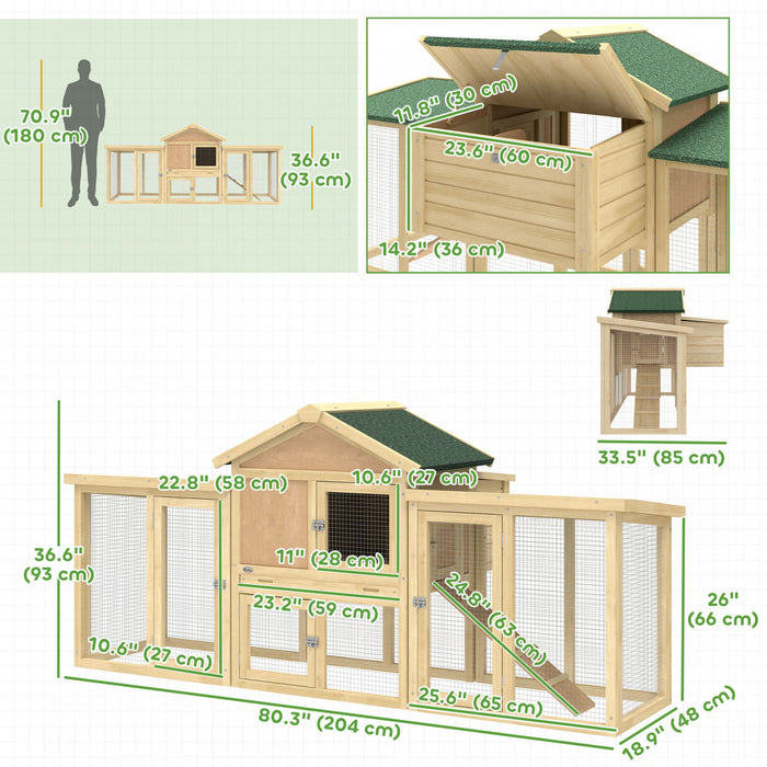 PawHut Poulailler 204 cm, Maison pour Poules en Bois avec Pondoir, Enclos, Rampe, Tiroir, pour Exterieur Jardin