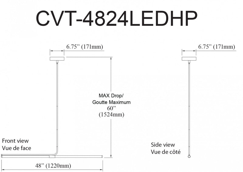 Luminaire suspendu horizontal Corvette de Dainolite en acrylique blanc qui diffuse la lumière, avec fini noir mat et ampoule de 24 W