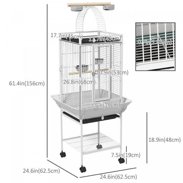 Pawhut Cage A Oiseaux Pour Perruches Avec Support, Plateau Coulissant, Plateau De Jeu, Etagere De Rangement, Perchoir En Bois, Recipient Alimentaire, 61.5\", Blanc