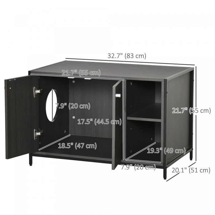 Pawhut Maison De Toilette Pour Chat Grand Espace De Rangement 2 Placards Avec 2 Compartiments Porte Magnetique Pieds En Acier Panneau De Particules 32.75\" X 20\" X 21.75\" Noir