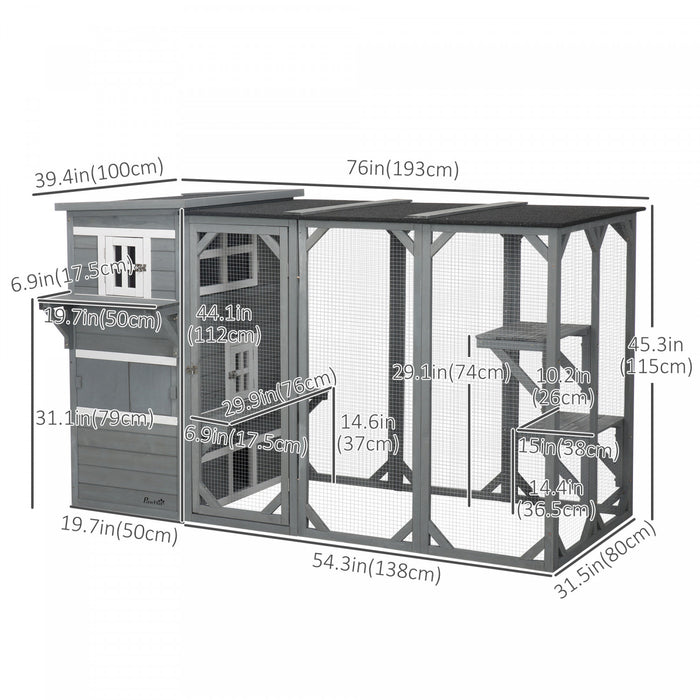 Pawhut Catio Pour Chat En Bois, 76\"l Maison De Chat En Plein Air Avec Toit En Asphalte, Plates-formes, Portes Verrouillables, Condo De Repos A 3 Niveaux, Fenetre D'observation, Pour 2-3 Chats