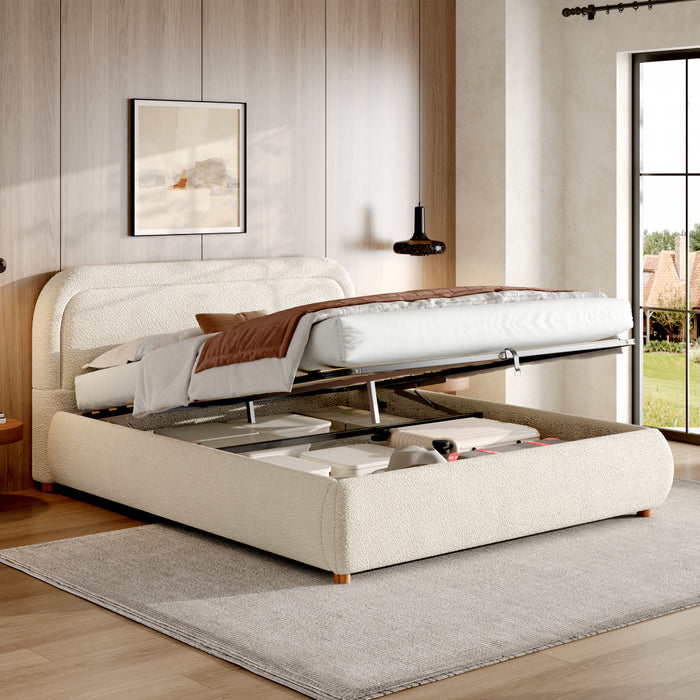 Lit plateforme Sophia avec rangement a levage hydraulique, revetement en boucle, taille king, beige