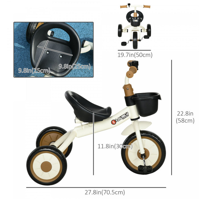 Qaba Tricycle Pour Tout-petits Filles Et Garcons De 2 A 5 Ans, Velo Avec Siege Reglable, Panier, Cloche, Blanc