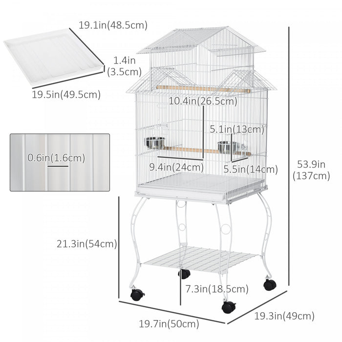 Pawhut Grande Cage A Oiseaux En Metal De 54'' Avec Support Roulant Detachable, Etagere De Rangement, Perchoir En Bois, Contenant A Nourriture, Blanc