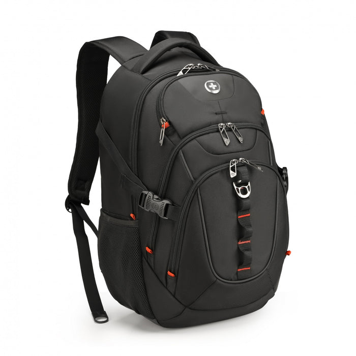 Sac a dos scolaire Swissdigital Vector – Sac pour ordinateur portable de 17\", chargement USB, detecteur SDD, protection RFID, bord reflechissant, systeme Add-A-Bag