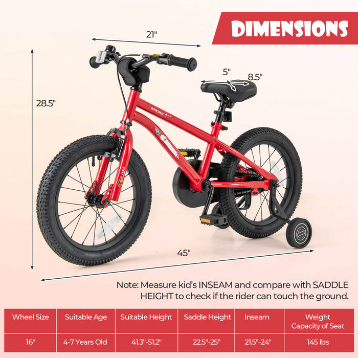 Velo Costway 16 Pouces Pour Enfants De 4 A 7 Ans Avec Selle Reglable Et Guidon Antiderapant Rouge