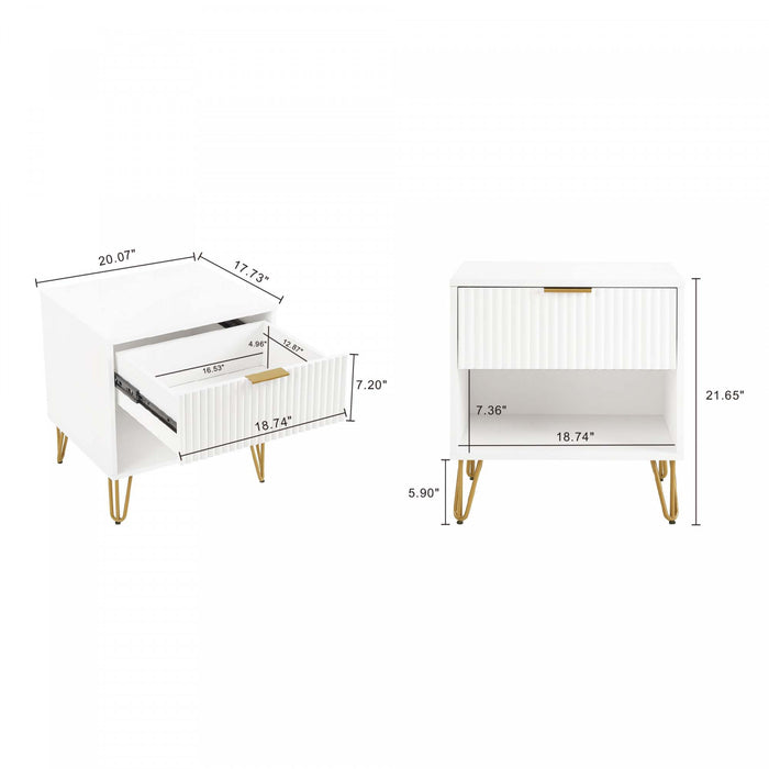 Table de nuit moderne Dumbo 20\" a cannelures en blanc (1 tiroir) - Lot de 2