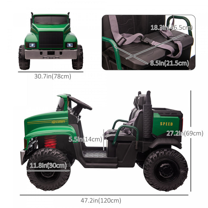 Aosom Tracteur A Deux Places Pour Enfants Avec Seau Detachable, 12v Alimente Par Batterie, Vitesses, Lumieres Musiques, Roues De Suspension, Pour 37-72 Mois, Vert
