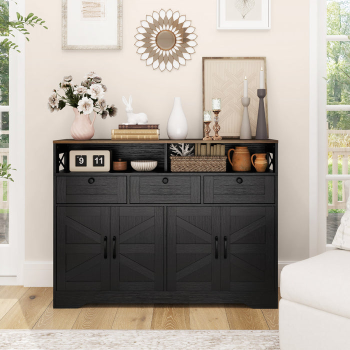 HOMCOM Buffet avec 4 portes de grange et 3 tiroirs, noir