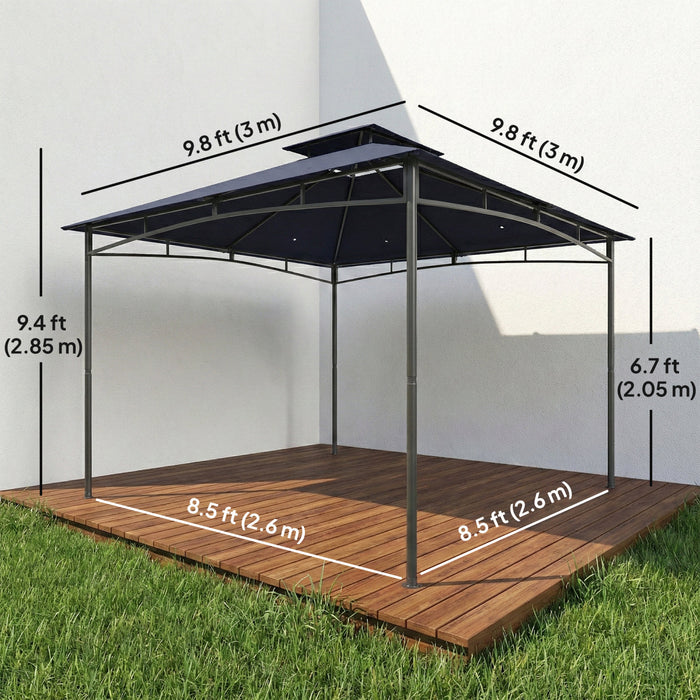 Outsunny Gazebo 3 m x 3 m, Tonnelle de Jardin a Toit Souple a 2 Niveaux, Bleu Marine