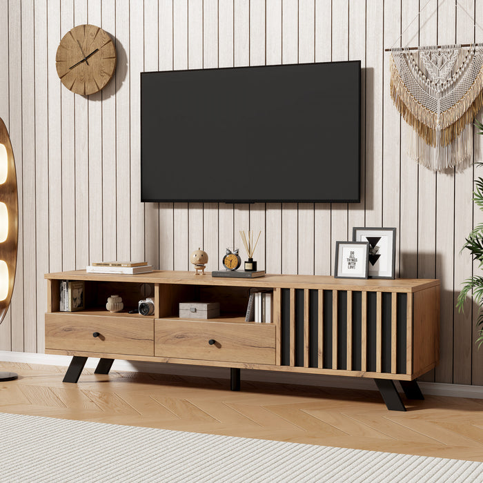 Lucas meuble TV – meuble avec tiroirs de rangement et etageres ouvertes, finition naturelle