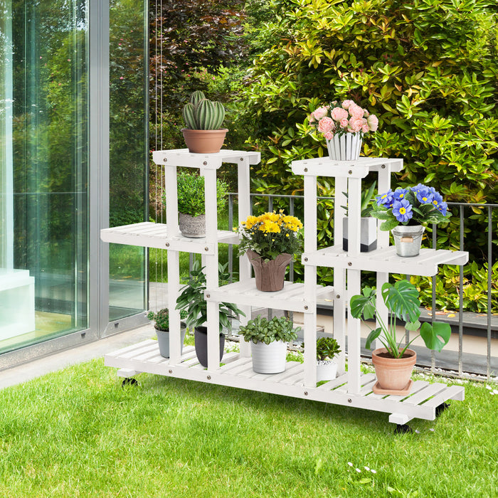 Costway 4 Niveaux Roulant Fleur Rack Bois Plante Stand Roulettes 12 Pots Bonsai Etagere D'affichage