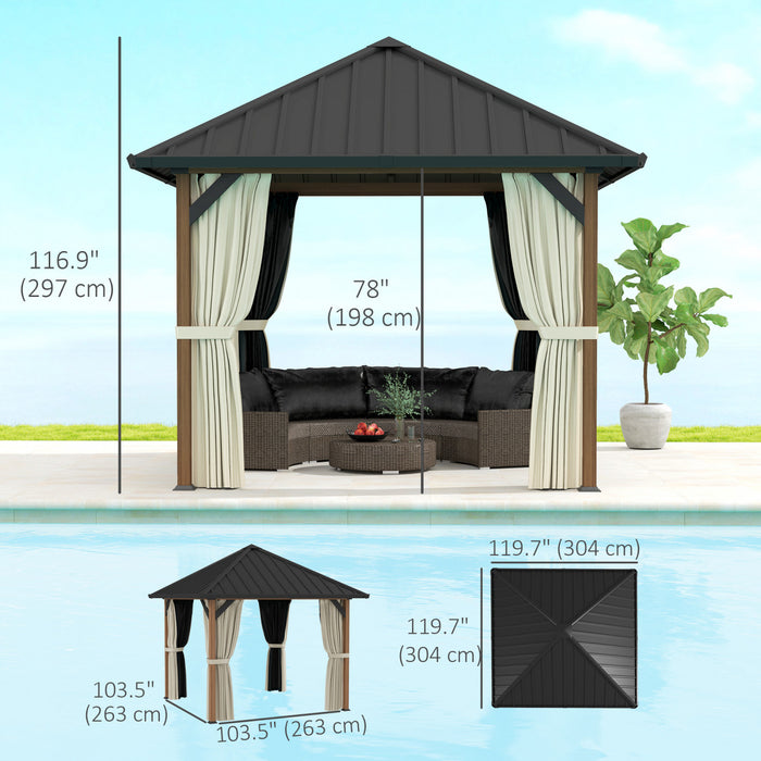 Outsunny Gazebo A Toit Rigide 10'x10' Avec Toit En Acier, Filet Et Rideaux