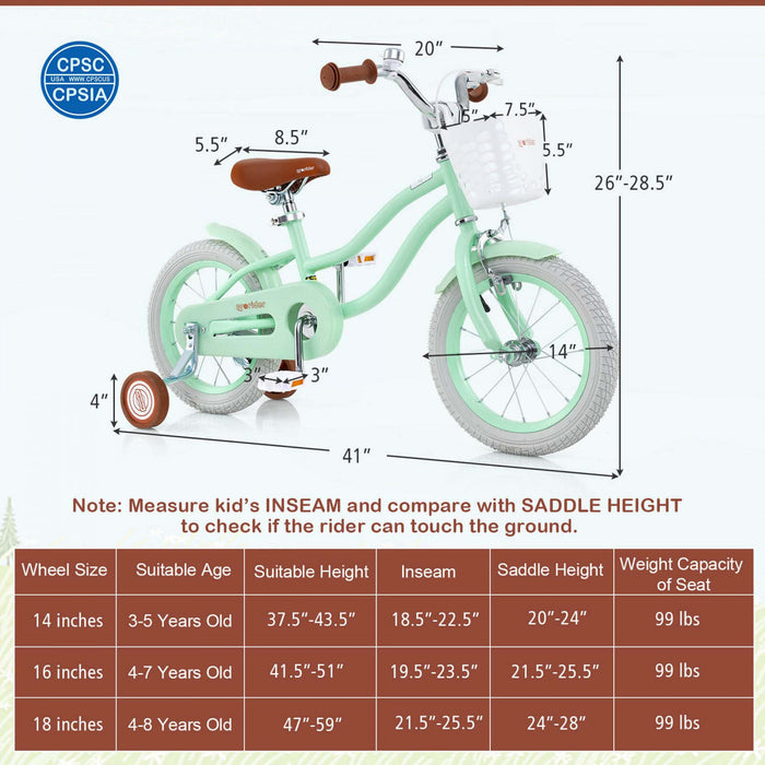 Prorider 14\" Velo Pour Enfants Avec Roues D'entrainement Amovibles Et Panier Pour 3-5 Ans Vert