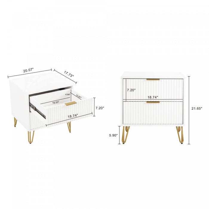Table de nuit moderne Dumbo 20\" a cannelures en blanc (2 tiroirs)