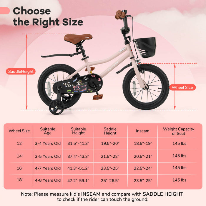 Costway 14\" Velo Pour Enfants Avec Roues D'entrainement Guidon Reglable Et Frein A Main De Siege Rose