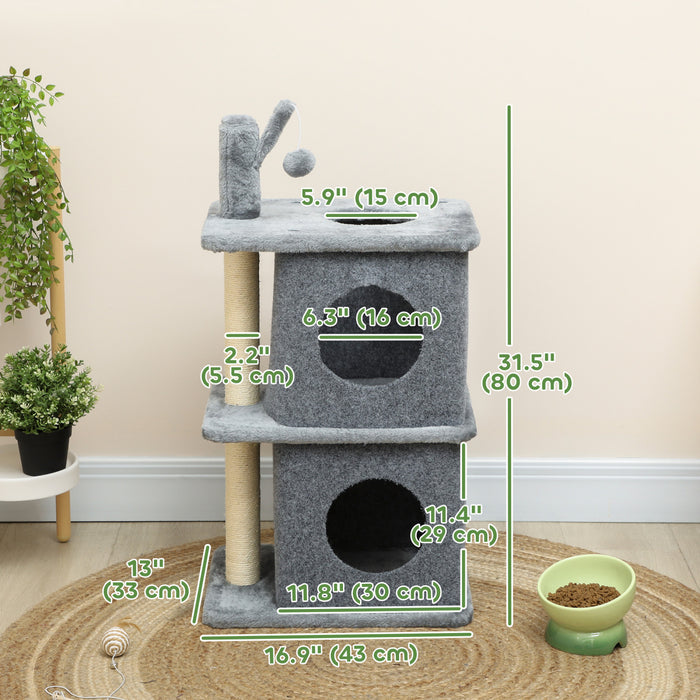 Cat Tree With 2 Condos, 31.5\" Multi-level Cat Tower, Grey