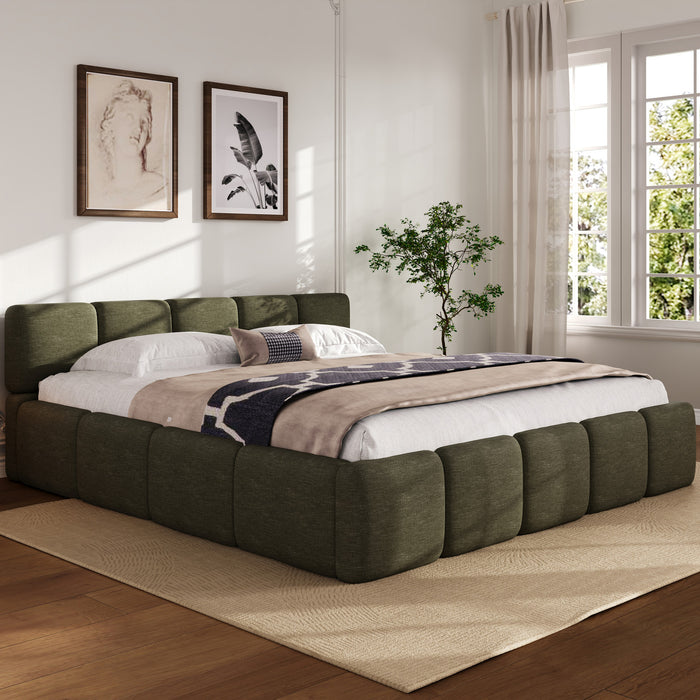 Lit plateforme Toby en tissu lin avec tete et pied de lit epaissis, taille king, vert