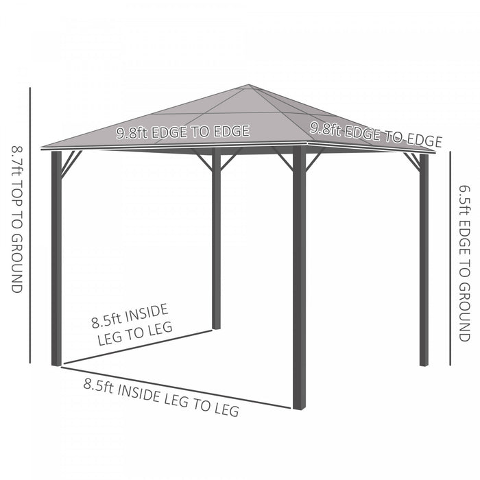Outsunny 9,8 'x 9,8' Gazebo A Toit Rigide En Aluminium Pour Jardin Toit Auvent Chapiteau Tente De Fete Patio Abri Exterieur Avec Rideaux En Maille Et Murs Lateraux - Gris
