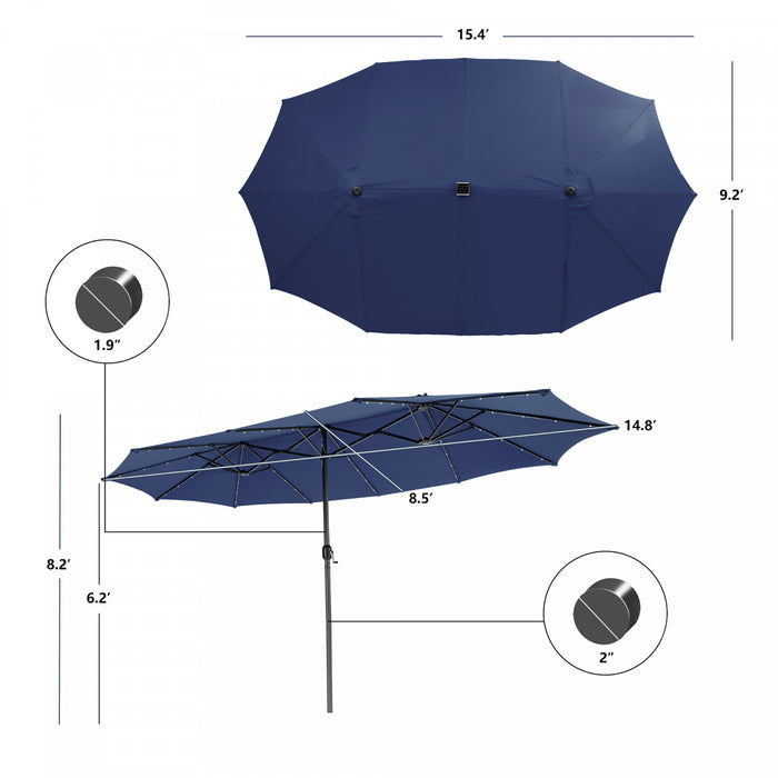 Costway Parasol double face jumeau 15FT pour patio avec 48 LED solaires a manivelle Navy