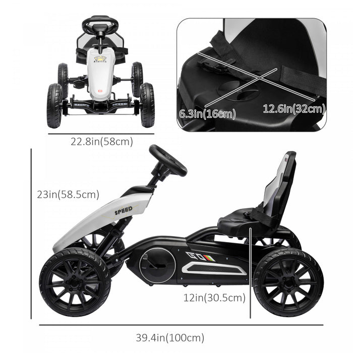 Aosom Kart A Pedales Pour Enfants, Voiture A Pedales Avec Essieu Pivotant, Siege Reglable, Frein A Main, 4 Roues Eva, Course A Pied En Interieur, Pour 3 A 8 Ans, Blanc