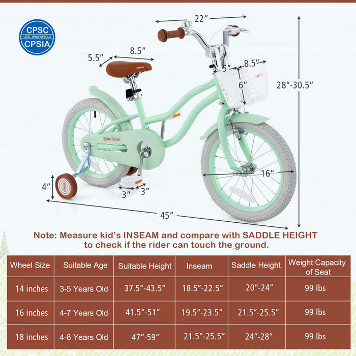 Prorider 16\" Enfants Velo Tout-petit Velo Reglable Avec Roue D'entrainement Pour 4-7 Ans Fille Vert