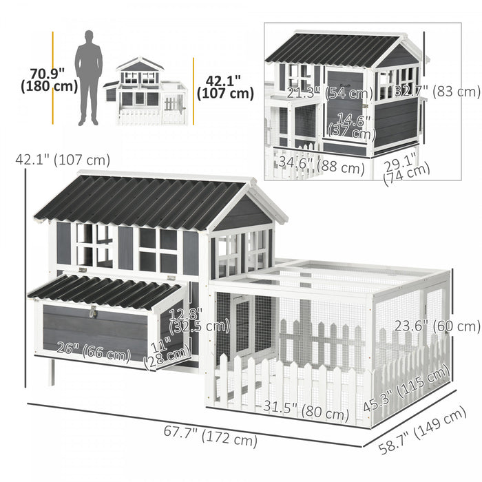Pawhut Poulailler En Bois Avec Enclos Pour 3 A 4 Poules, Poulailler Avec Nichoir, Plateau Amovible, Cloture, Cage A Volaille Exterieure, Gris Fonce
