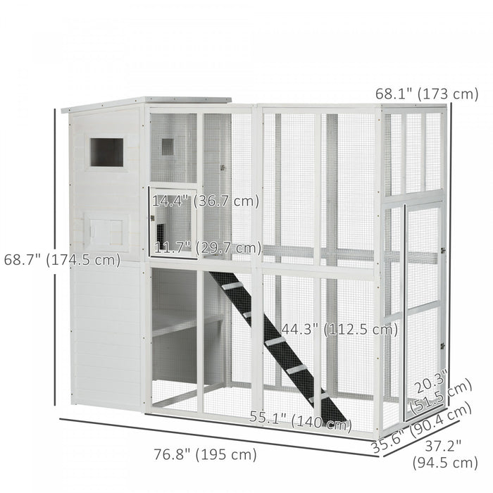 Pawhut Grande Maison Pour Chat D'exterieur Avec Porte, 4 Plates-formes, Rampe Et Toit En Asphalte, 77\" X 37\" X 69\", Blanc