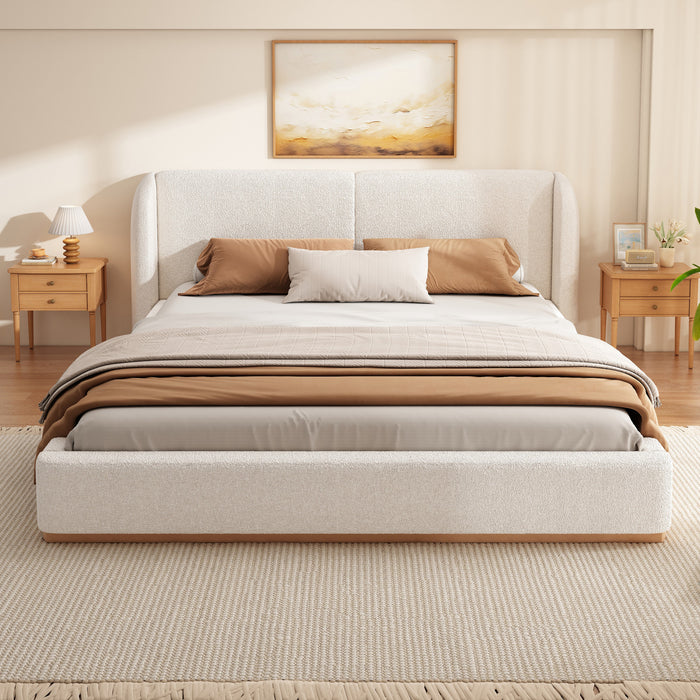 Lit plateforme Lucas a profil bas en boucle avec tete de lit a oreilles rembourree, taille king, blanc