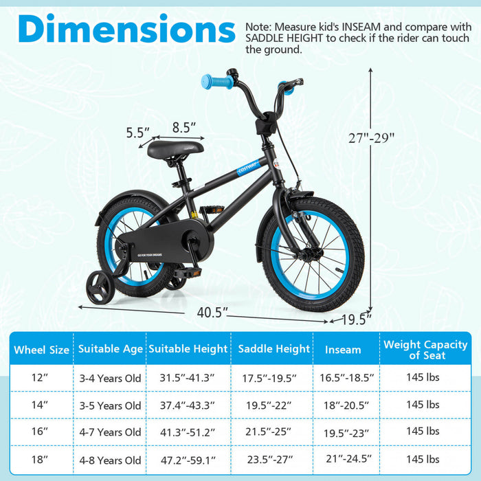 Costway 14\" Velo Pour Enfants Avec Guidon Reglable De Selle Roues D'entrainement Amovibles Frein A Main Noir