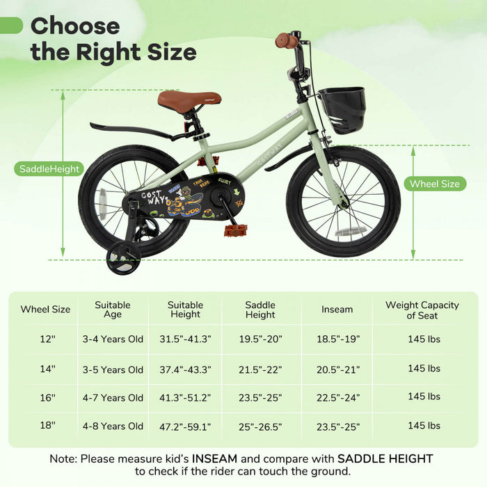 Costway 16\" Velo Pour Enfants Avec Roues D'entrainement Guidon Reglable Et Frein A Main Du Siege Vert