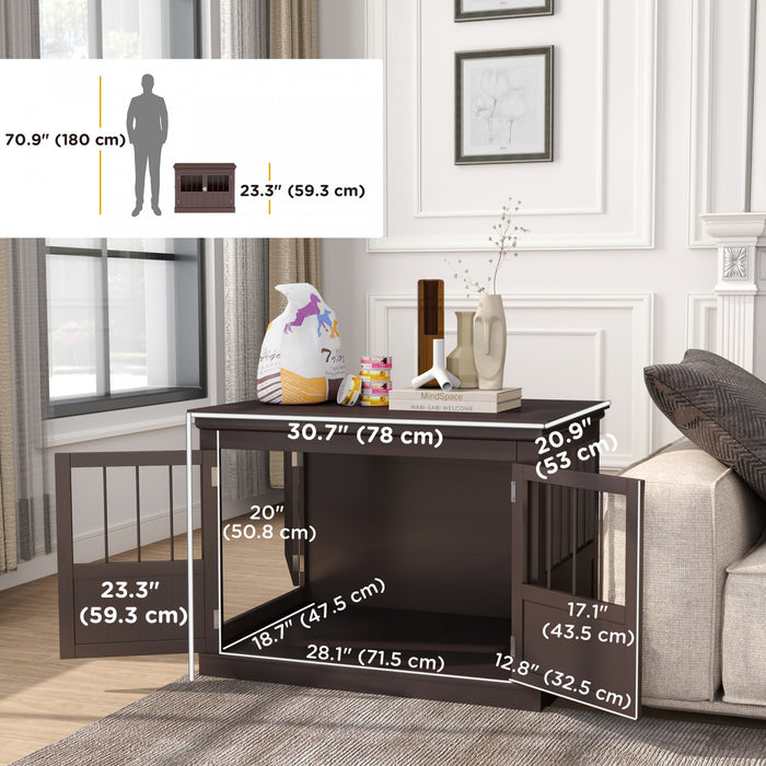 Pawhut Meuble De Cage Pour Chien, 32\", Table D'appoint Laterale Avec Trois Portes, Cage D'interieur Pour Petits Chiens, Cafe