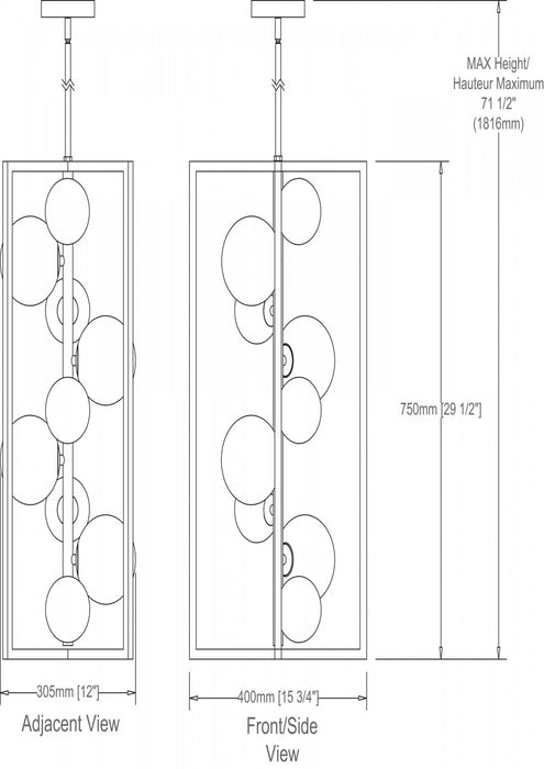 Luminaire suspendu Glasgow de Dainolite en verre champagne, avec fini noir mat et bronze rétro, et 9 ampoules