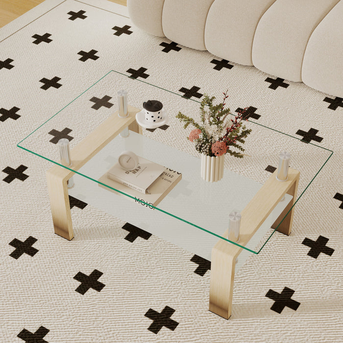 Table basse moderne rectangulaire en verre trempe transparent Liam, finition chene