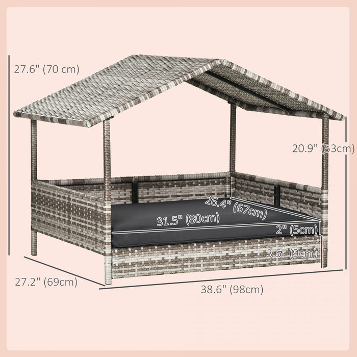 Pawhut Lit Pour Chien En Rotin Sureleve Pawhut Lit De Chien En Osier Exterieur Meubles Pour Animaux De Compagnie Canape-lit Avec Coussin Rembourre Et Abri De Toit, Gris Anthracite