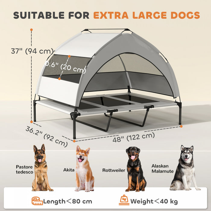 PawHut Lit Pour Chien Sureleve, Lit d'Exterieur avec Toit Amovible, Maille Respirante, Sac de Transport, Lit Portable pour Grands Chiens, 122 x 92 x 94 cm, Gris Clair