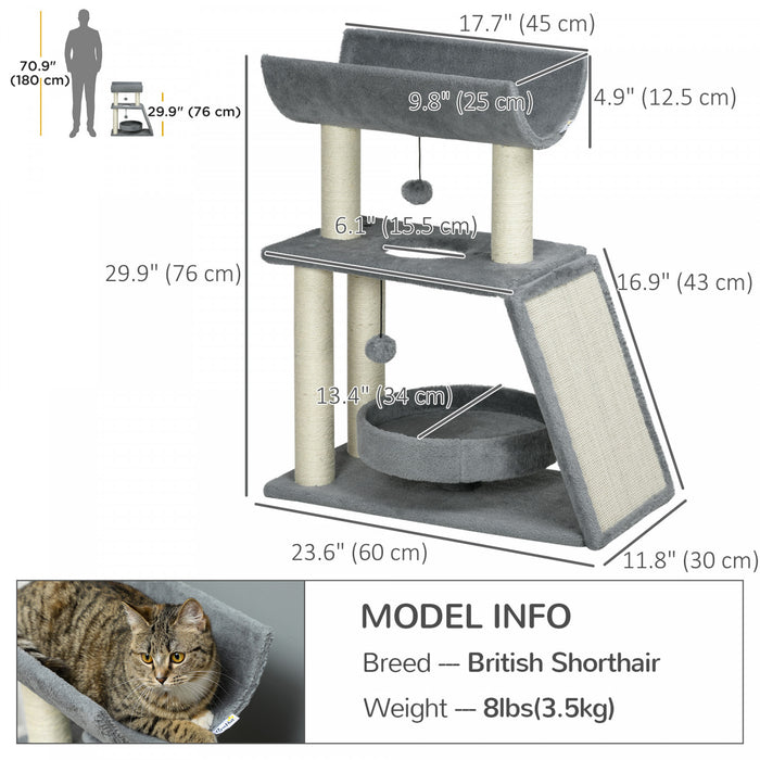Pawhut Arbre A Chat, Petite Tour A Chat Avec Perchoir, Griffoirs En Sisal, Tapis A Gratter, Lit, Boules Suspendues, Pour Chats D'interieur, Gris Clair