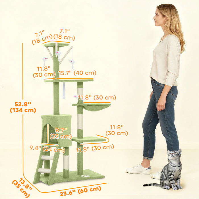 Arbre a chat PawHut, tour de 135 cm pour chatons d'interieur avec poteaux a griffer en sisal, perchoirs moelleux, niche, hamac, echelle, jouets suspendus, centre d'activites multiniveaux pour chatons, vert