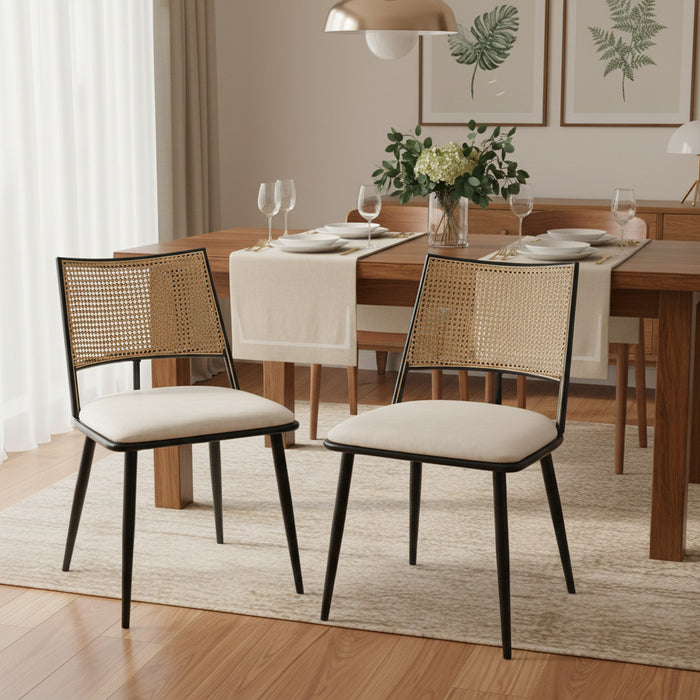 Chaises de salle a manger modernes Oliver avec assise rembourree en PU et dossier en rotin PE, lot de 2, noir