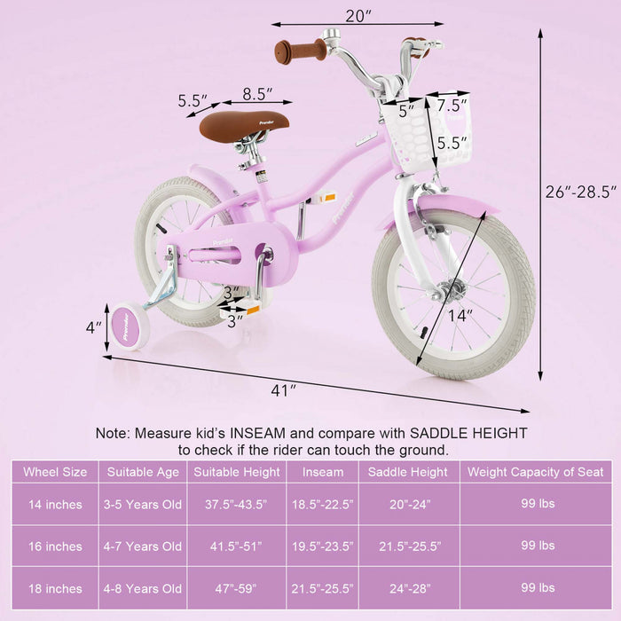 Velo Costway 14\" Pour Enfants Avec Roues D'entrainement Amovibles Et Panier Pour 3-5 Ans Violet