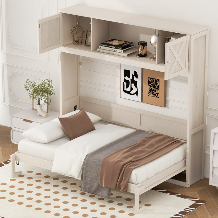 Lit escamotable Ethan en bois massif avec armoires de rangement, taille queen, beige