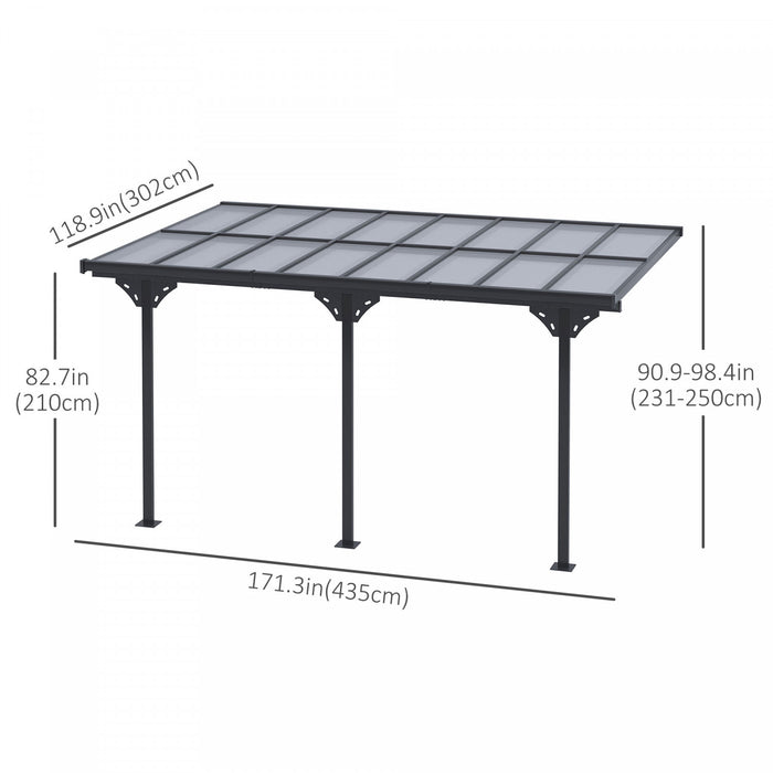 Outsunny Pergola Adossable Rigide Alu. Dim. 171.25\"l X 118\"l Pavillon De Jardin Toit Panneaux De Polycarbonate Inclinaison Reglable Gris
