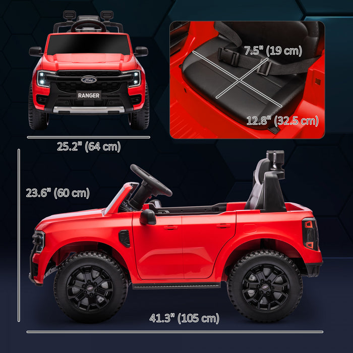 Qaba Ford Ranger 12v Avec Rangement Arriere, Voiture Electrique A Batterie Pour Enfants Avec Telecommande, Suspension A Ressort, Phares, Klaxon, Rouge