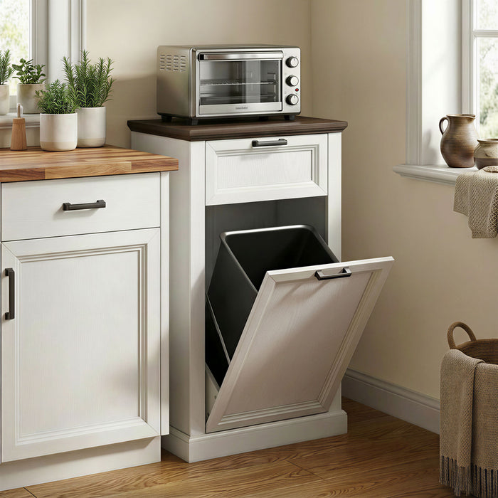 HOMCOM Meuble a Poubelle Basculant 38L avec Tiroir Effet Bois Blanc
