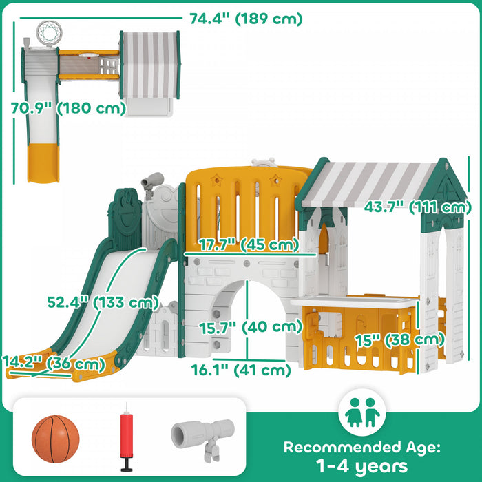 Qaba Toboggan 7 en 1 pour tout-petits avec maisonnette, toboggan d'escalade pour enfants avec panier de basket et tunnel pour jeux d'interieur de 1 a 4 ans, jaune