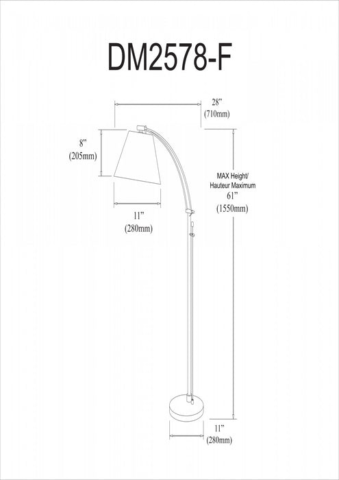 Lampe à pied Felix réglable de Dainolite avec abat-jour empire blanc, gradateur rotatif et fini chromé satiné